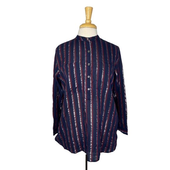 J.CREW Silver Metallic Stripe Navy Blue Red Popover Top Size 4 Long Sleeve - Picture 1 of 11